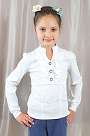 Приталенная белая школьная блуза с рюшами, р.122,128,134,140,146,152.