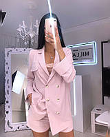 Костюм Лайм женский летний из крепового льна удлинённый пиджак-рубашка на пуговицах и мини шорты Df2672