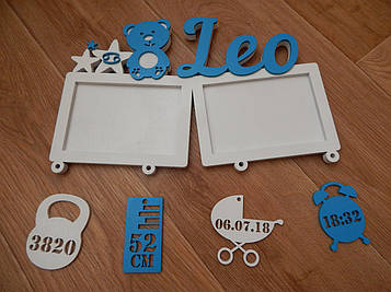 Дитяча іменна метрика з дерева для хлопчика, іменна фоторамка на 2 фото