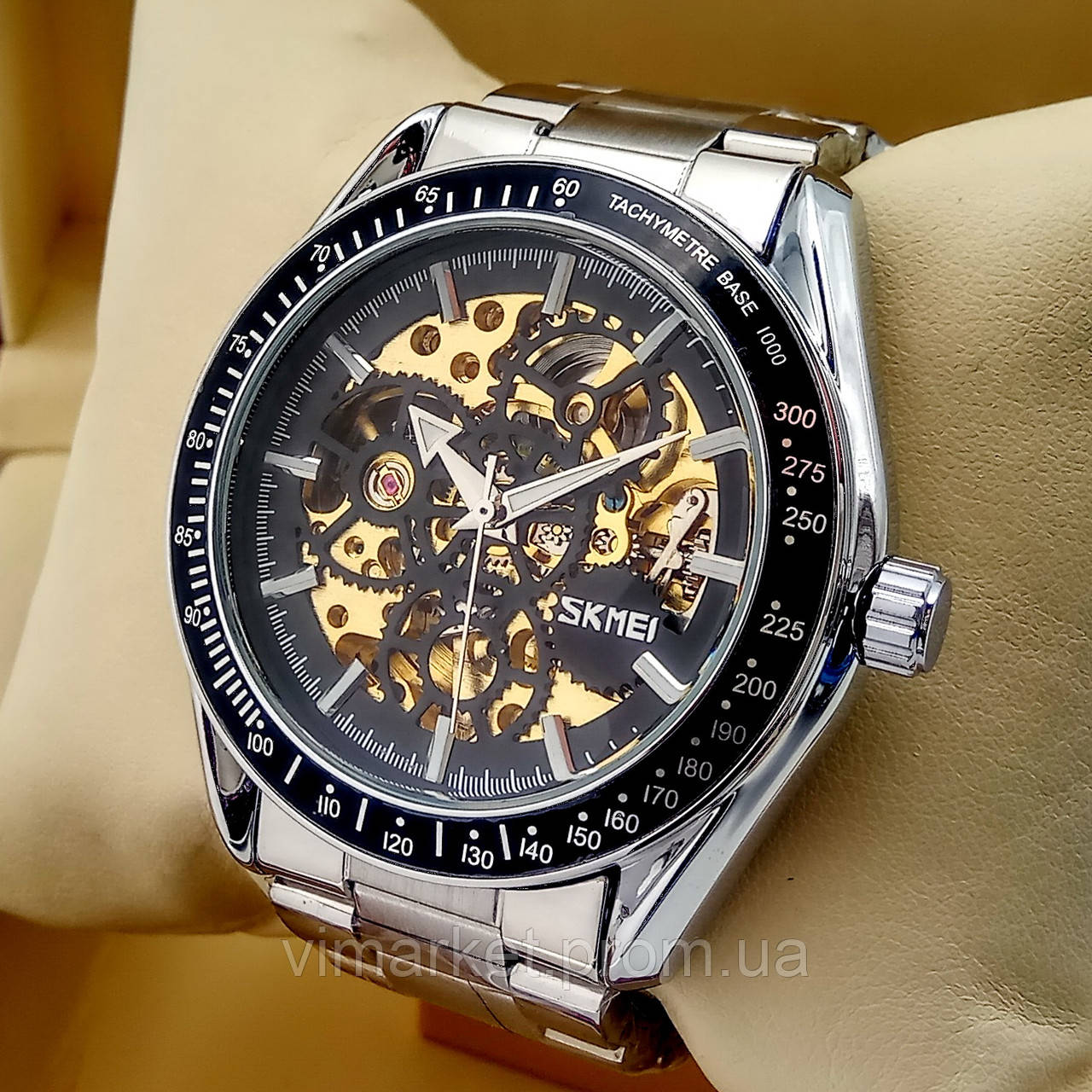 Водонепроникні оригінальні механічні наручні годинники скелетоны Skmei 9194 срібного кольору з автоподзаво