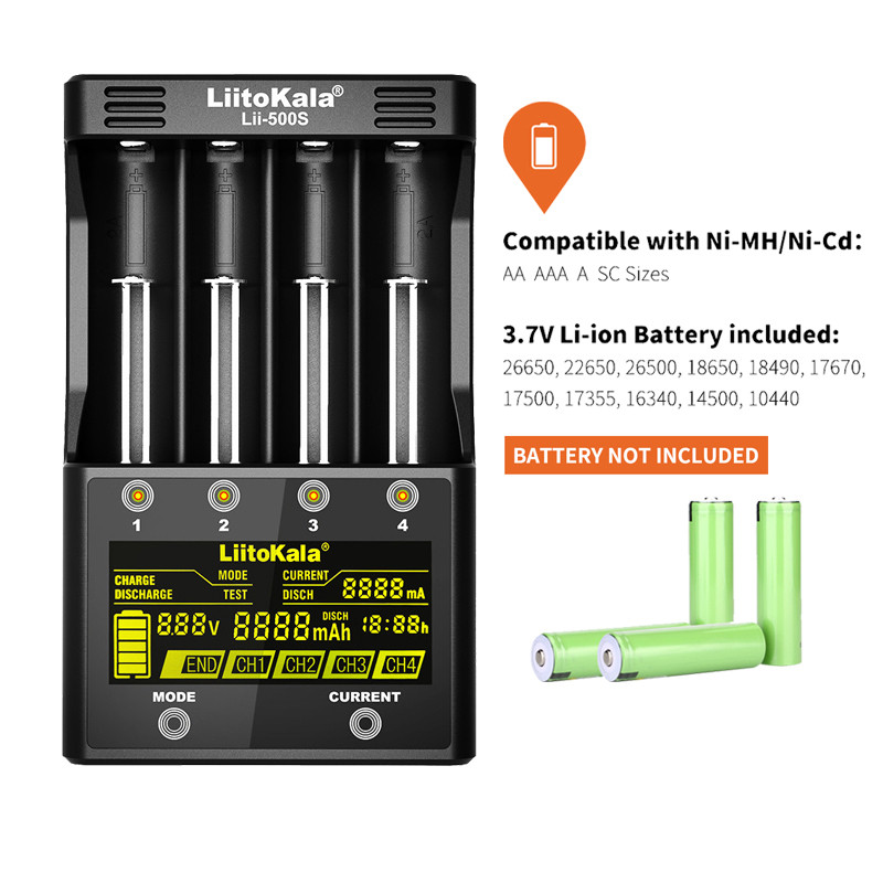 Универсальное зарядное устройство Liitokala Lii-500s 4 канала Ni-Mh/Li-ion 220V/12V Powerbank Test LCD - фото 2 - id-p1219865244
