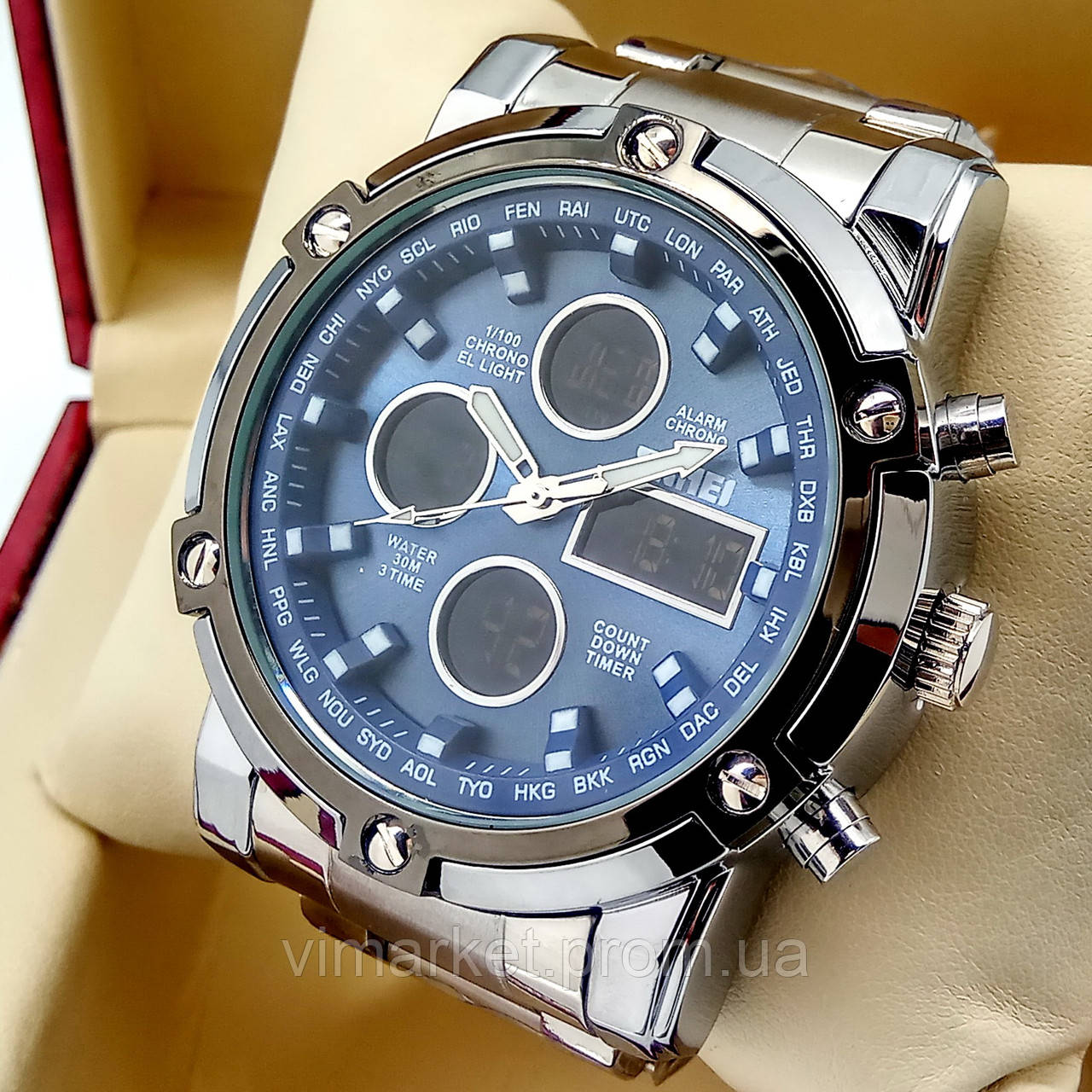 Водонепроникні оригінальні електронні наручні годинники Skmei 1389 dual time подвійне час срібного кольору