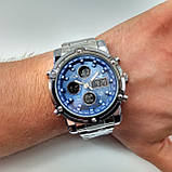 Водонепроникні оригінальні електронні наручні годинники Skmei 1389 dual time подвійне час срібного кольору, фото 8