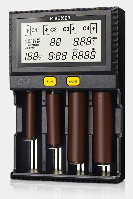 Універсальне зарядне MiBoxer C4 (v3) 4 канали Ni-Mh/Li-ion (4.2/4.35)/LiFePO4 220V/12V LCD