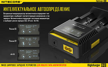 Універсальний зарядний пристрій Nitecore D2 Ni-Cd/Ni-Mh/Li-Ion/LiFePO4 (3.6-4.2V) 220V/12V power, фото 3