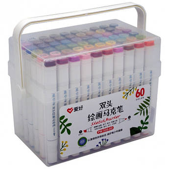Набір двосторонніх скетч маркери на спиртовій основі "Aihao" AH-PM508-60, 60 штук в пластиковому пеналі