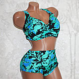 Роздільний жіночий купальник батал, чорний із зеленими квітами, для великих жінок великий 62-й розмір, фото 2