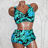 Роздільний жіночий купальник батал, чорний із зеленими квітами, для великих жінок великий 62-й розмір, фото 3