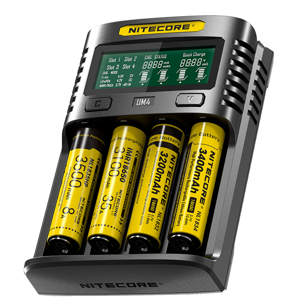 Універсальний зарядний пристрій Nitecore UM4 4 канали Ni-Mh/Li-Ion/IMR/LiFePO4 (3.6-4.35V) USB QC2.0 LCD