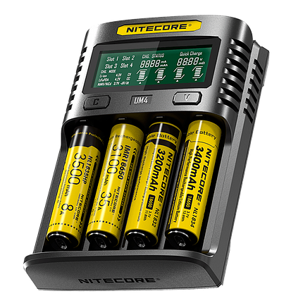 Універсальний зарядний пристрій Nitecore UM4 4 канали Ni-Mh/Li-Ion/IMR/LiFePO4 (3.6-4.35V) USB QC2.0 LCD, фото 1