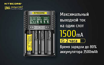 Універсальний зарядний пристрій Nitecore UM4 4 канали Ni-Mh/Li-Ion/IMR/LiFePO4 (3.6-4.35V) USB QC2.0 LCD, фото 3