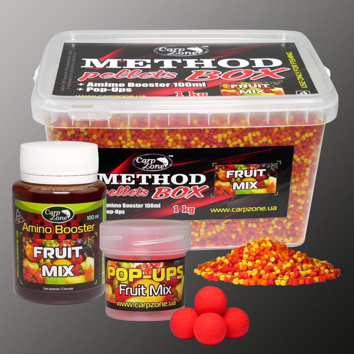 Набір Фруктовий Мікс Method Pellets Box Fruit Mix 2-4mm/1kg + Amino Booster 100ml + Pop-Ups 8mm/30pc, фото 1
