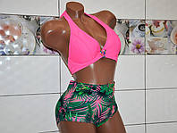 Малиновый женский раздельный купальник с мягкой чашкой на косточках, высокие утягующие трусы, раз. L-XL