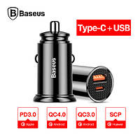 Автомобильное зарядное устройство на 2 устройства USB + Type-C 5A зарядка в авто Baseus QC3.0 30W
