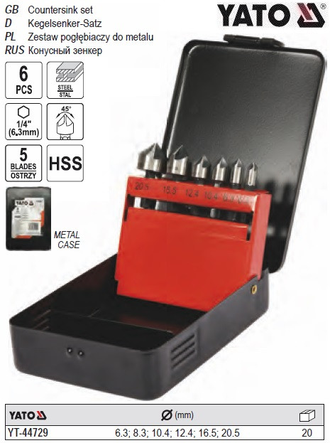 Набір зенкерів конічних по металу YATO : HSS, Ø=6.3-20.5 мм, l=40/45 мм, 5 пругів, HEX-1/4", 6 шт YATO-44729