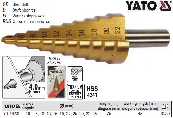 Свердло конічне ступінчасте титан по металу 6-35 мм YATO YT-44739