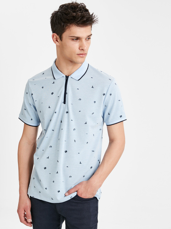 Блакитне чоловіче поло LC Waikiki/ЛС Вайки з морським принтом, на блискавці