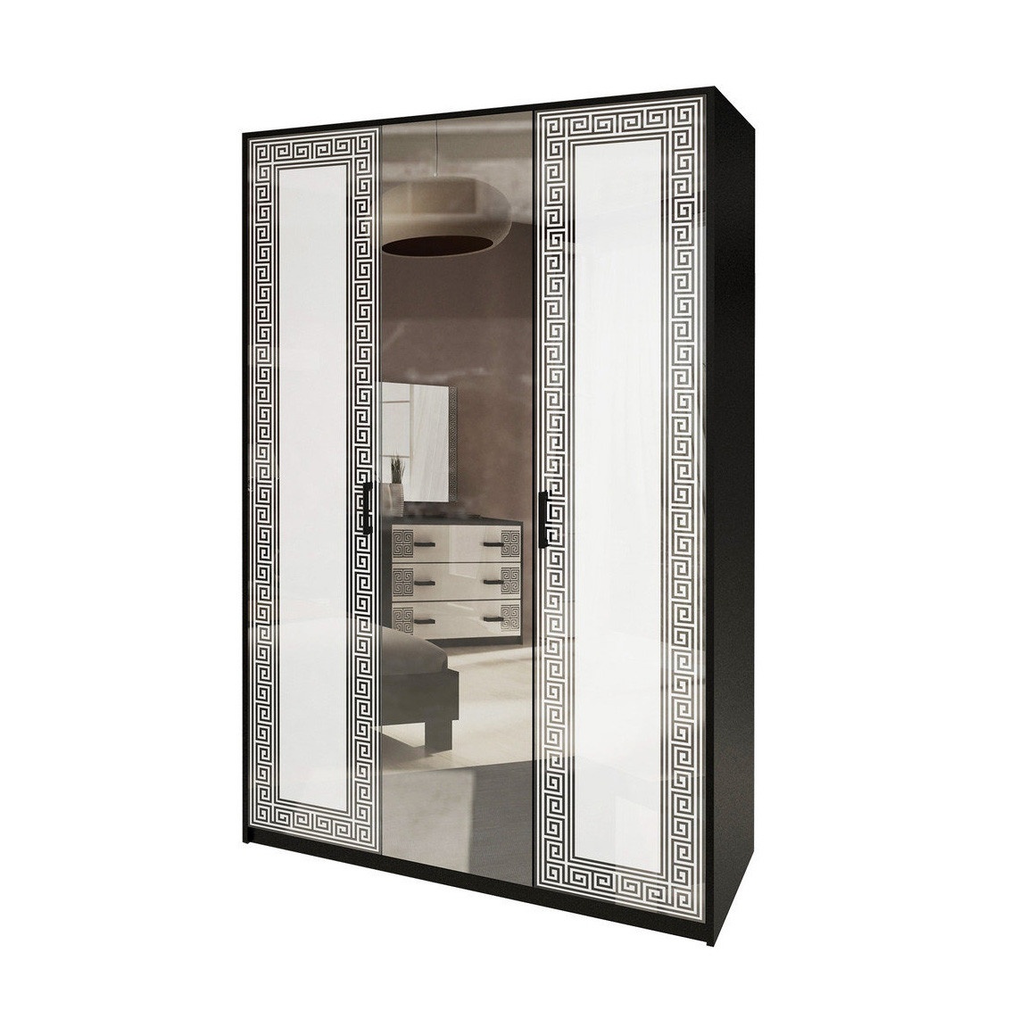 Шафа розпашна з дзеркалом в спальню, в передпокій Віола 3Д VL-13-WB MiroMark білий / чорний