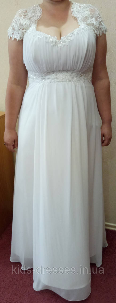 Легкое белое свадебное платье с кружевом, вышивкой и коротким рукавчиком, А-силуэт, размер 56 - фото 1 - id-p1220429785