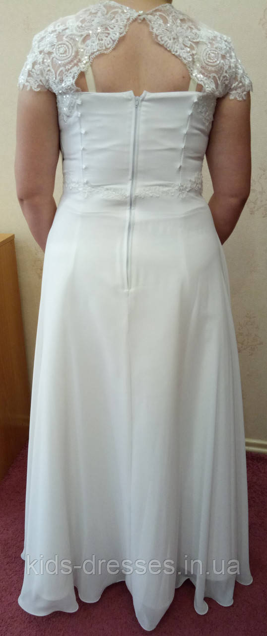 Легкое белое свадебное платье с кружевом, вышивкой и коротким рукавчиком, А-силуэт, размер 56 - фото 4 - id-p1220429785
