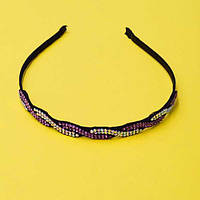 Обруч для волосся метал чорний атлас, бузкові або рожеві стрази, ширина 7 мм