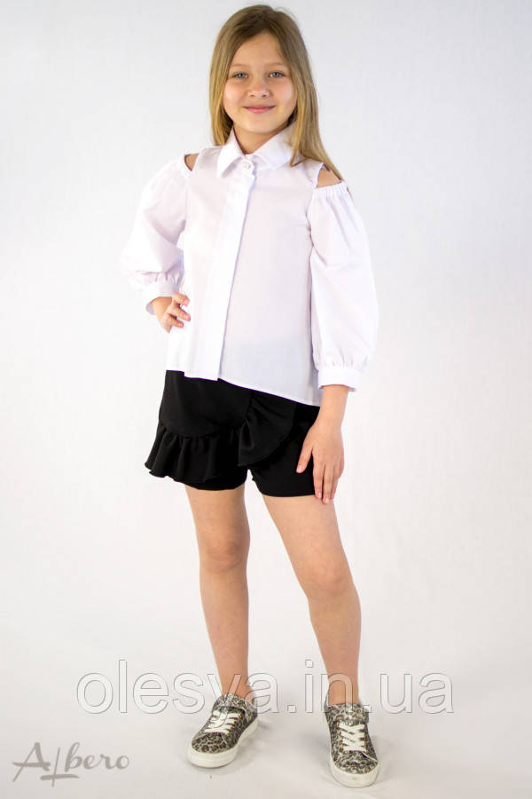 Белая рубашка с открытыми плечами на девочку ТМ Albero Размеры 128- 146 - фото 4 - id-p990870317