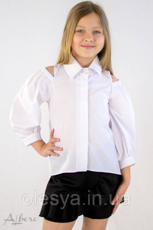 Белая рубашка с открытыми плечами на девочку ТМ Albero Размеры 128- 146 - фото 1 - id-p990870317