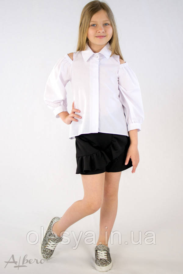 Белая рубашка с открытыми плечами на девочку ТМ Albero Размеры 128- 146 - фото 3 - id-p990870317