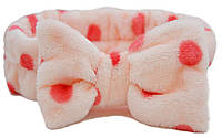 Косметическая повязка Бантик бледно-розовый с красным горошком
