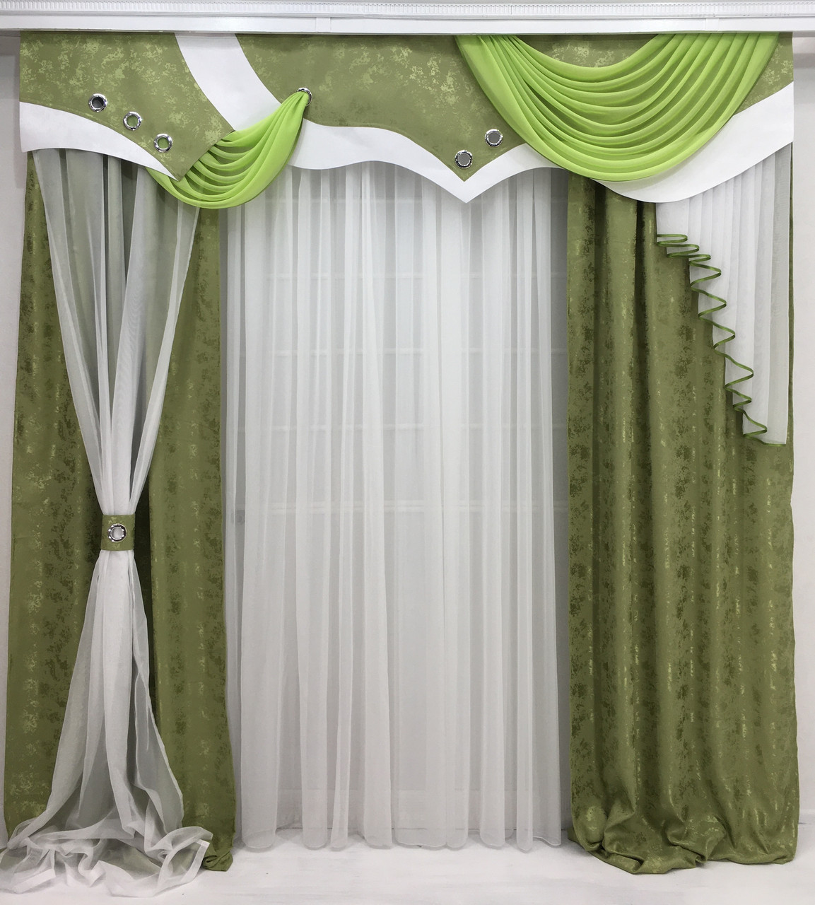 Ламбрекен + штори "Мадрид", Оливка (Ширина 250 см)