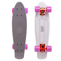 Скейт пенни борд Penny Fish Skateboards RUBBER SOFT TWIN 410-1 22" Grey-White, лиловые колеса