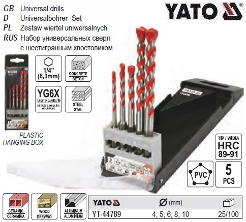 Набір свердл універсальних YATO YG6X Ø=4-10 мм HEX-1/4" 5 штук YT-44789
