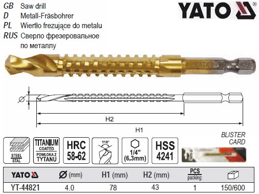 Свердло фрезерувальне по металу YATO : HSS-TIN, Ø=4 мм, l=78 мм, HEX - 1/4" YT-44821