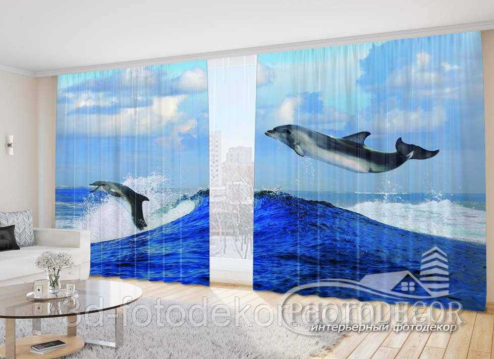 Фото Штори "Дельфіни на хвилях 2" - Будь-який розмір, читаємо опис!, фото 1