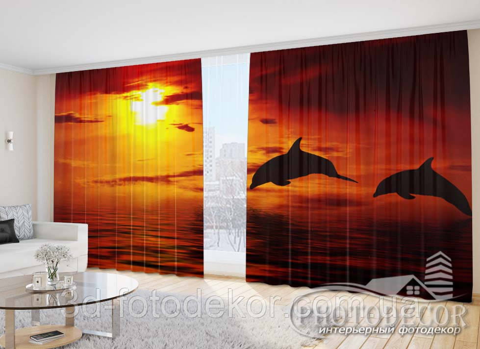 Фото Штори "Пара Дельфінів на помаранчевому заході" - Будь-який розмір, читаємо опис!, фото 1