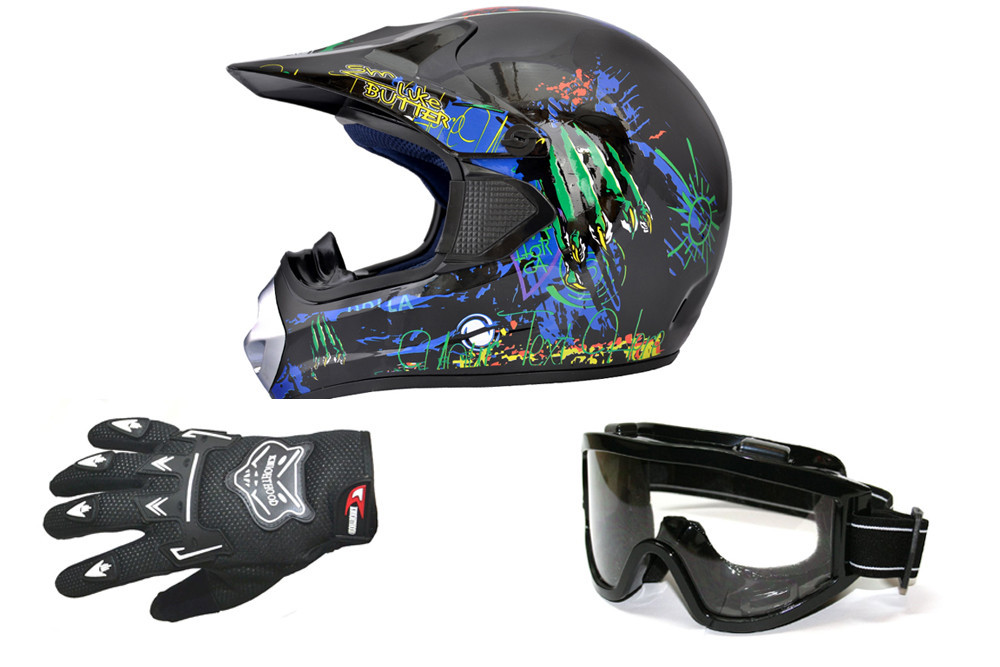 Мотоциклетний шолом MONSTER r.L + окуляри + рукавички, фото 1