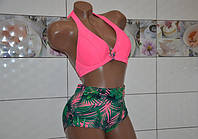 Яскравий купальник малиновий жіночий з високими трусами, розмір 56(4XL).