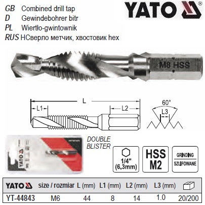 Свердло-мітчик YATO М6 х 1 мм, HSS М2, HEX-1/4", l=44/8 мм YATO-44843