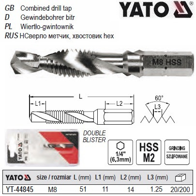 Свердло-мітчик YATO М8 х 1.25 мм, HSS М2, HEX-1/4", l=51/11 мм YATO-44845