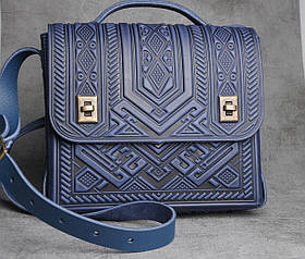 Шкіряна синя сумка‑портфель "Проект" ручної роботи, 26×23×8 см