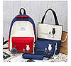 Рюкзак синій із бежевим із котом із сумочкою та пеналом у комплекті, фото 2