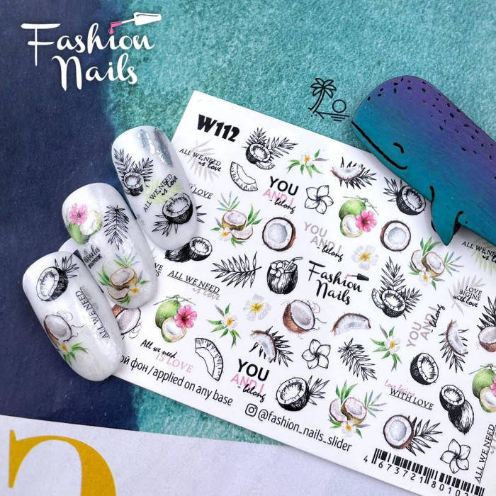 

Слайдеры водные наклейки ЦВЕТЫ Кокос Листочек Fashion Nails W112, Черный