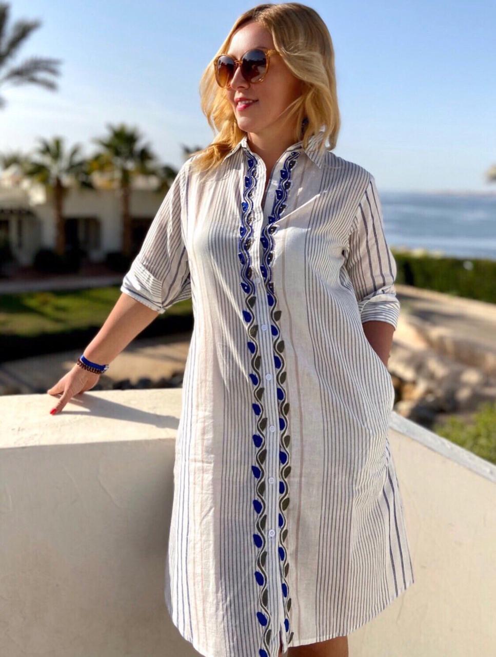 Жіноча літня туніка в смужку із натуральної тканини на гудзиках (L), фото 1