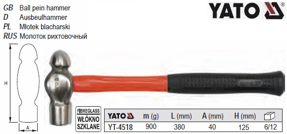 Молоток рихтувальний YATO : m=900 г, l=380 мм, 125 х 40 мм YT-4518