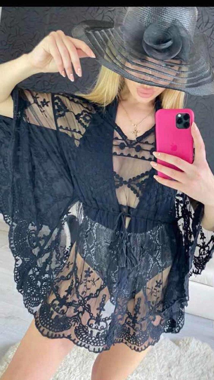 Жіноча пляжна туніка з затяжкою на талії біла та чорна, фото 1