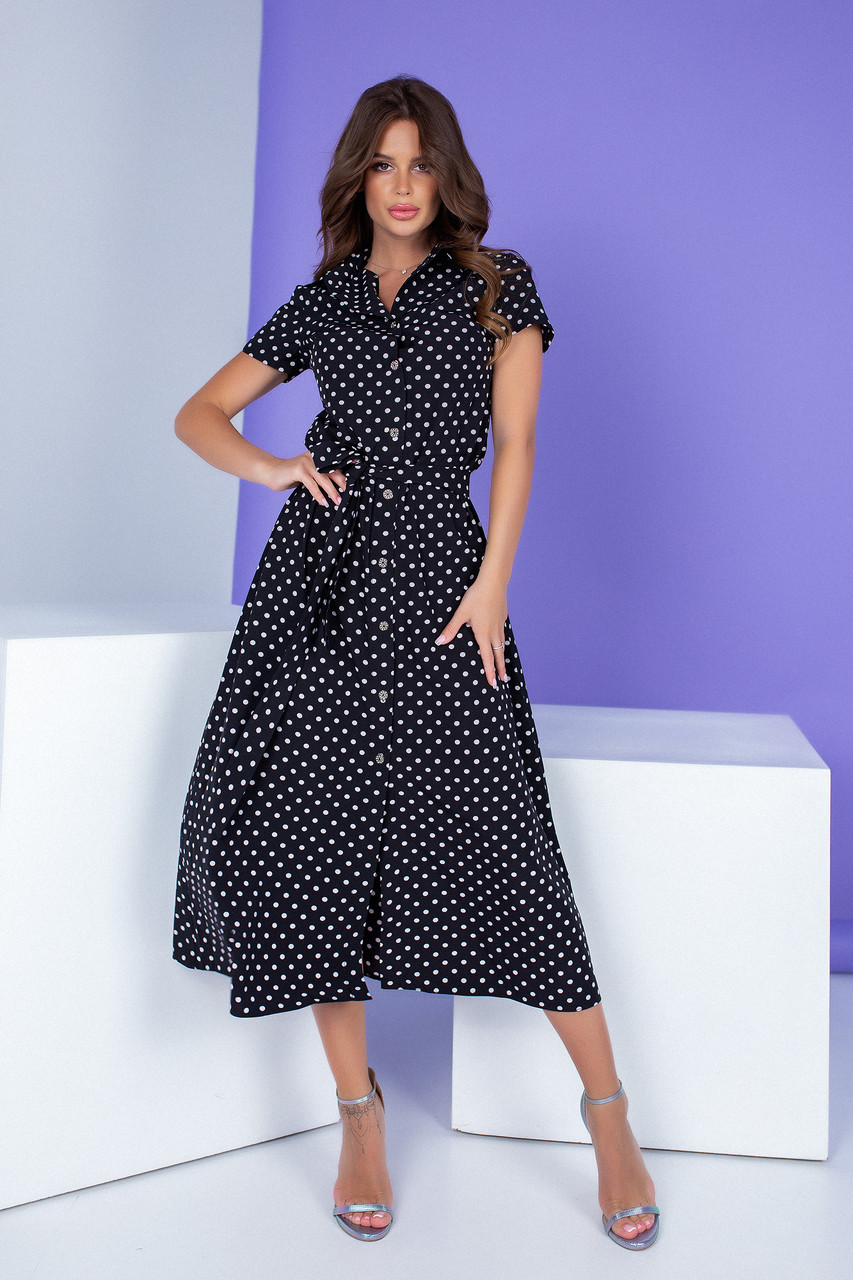 Плаття нижче колін із поясом на талії/Арт.402/колір чорний у білий горох