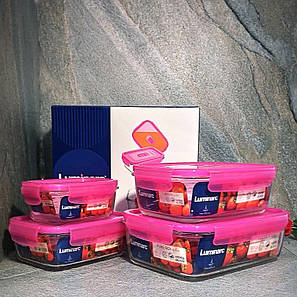 Набір прямокутних контейнерів Luminarc Pure Box Active з рожевими кришками 4 шт (N0341), фото 3