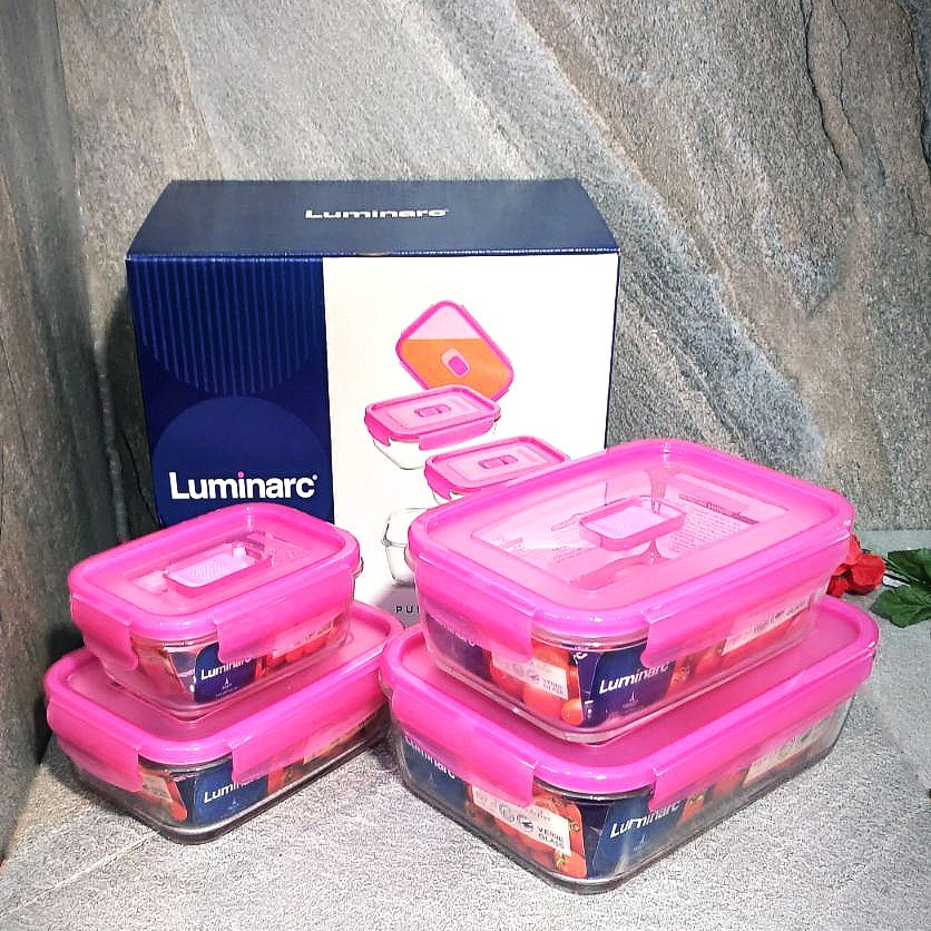 Набір прямокутних контейнерів Luminarc Pure Box Active з рожевими кришками 4 шт (N0341)