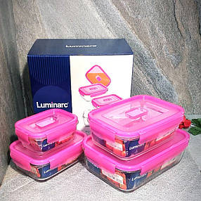 Набір прямокутних контейнерів Luminarc Pure Box Active з рожевими кришками 4 шт (N0341), фото 1