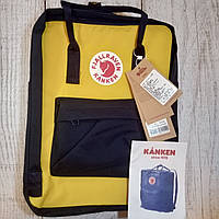 Крутой Рюкзак Fjallraven Kanken Classic на стиле Темно-Синий Dark Blue-Yellow 16 литров (Полиэстер) Живые фото